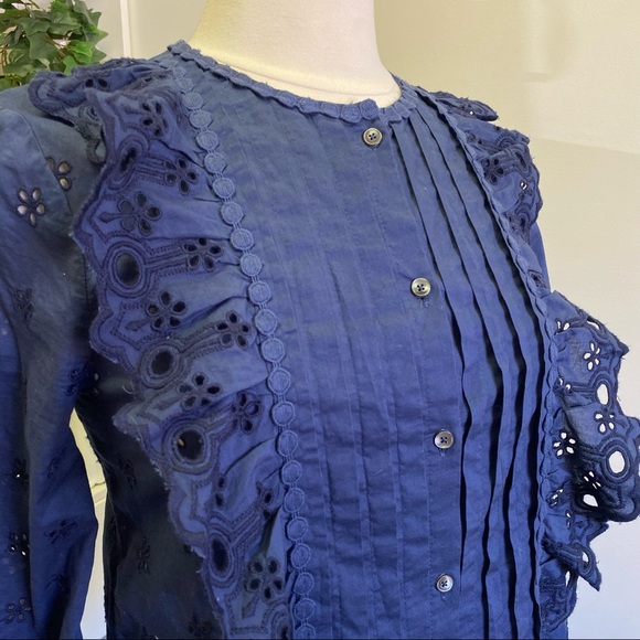 J Crew Navy Ruffle Eyelet Button Down Blouse - Picture 4 of 13